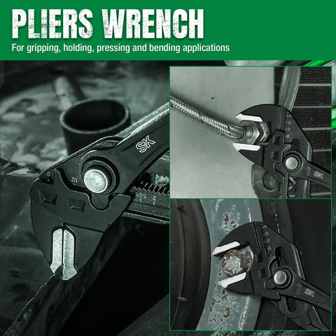 SK 10-Inch Pliers Wrench in use on fittings task.