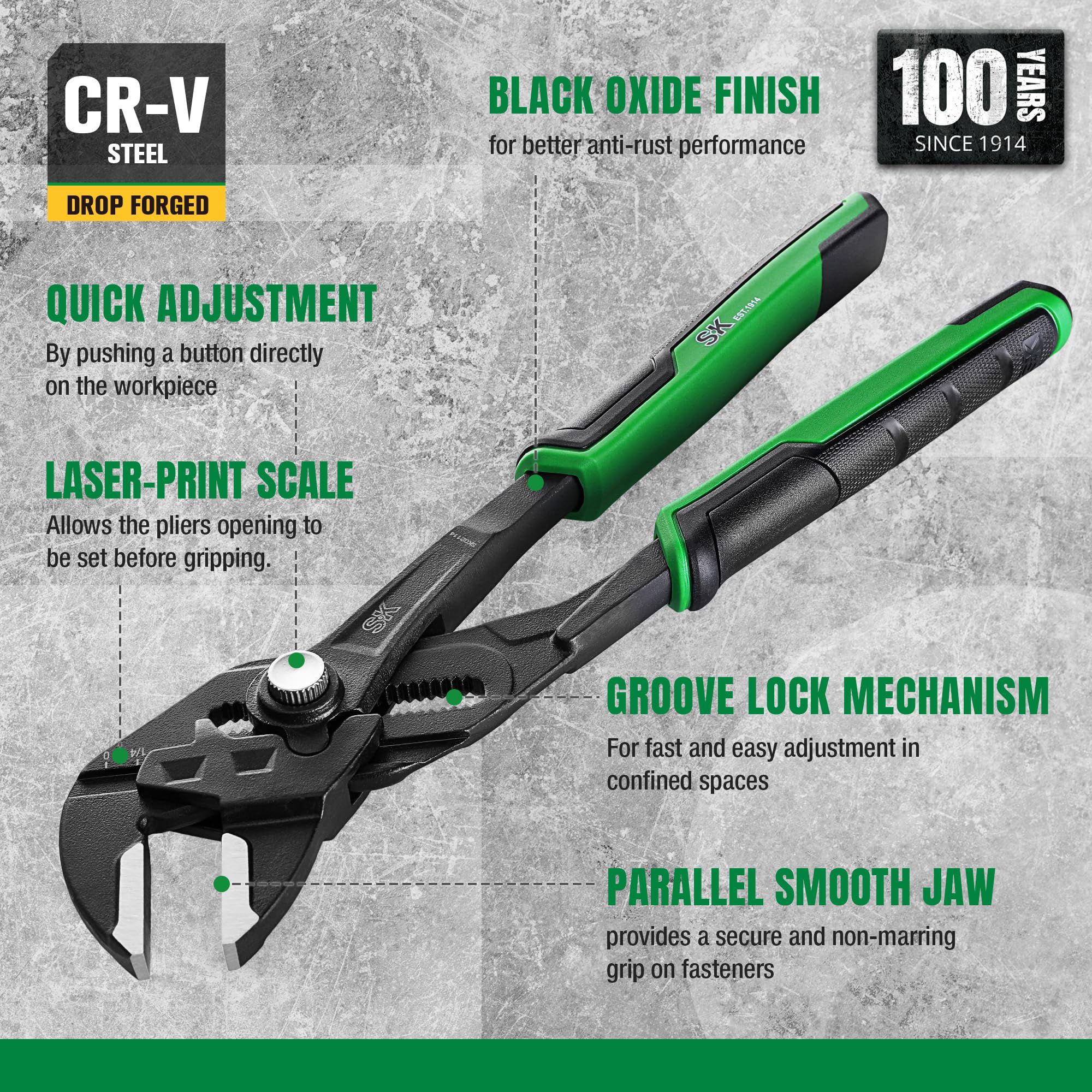 SK 10-Inch Pliers Wrench shows 21-position laser-etched scales.