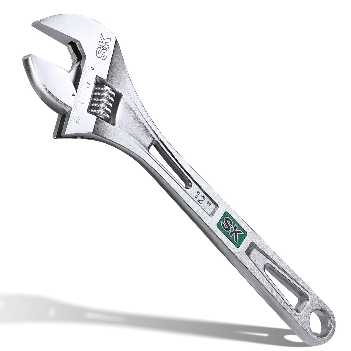 SK 12-inch adjustable wrench shows jaw capacity of 1-9/16 inches for precise grip.