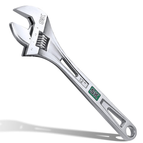 SK 12-inch adjustable wrench shows jaw capacity of 1-9/16 inches for precise grip.
