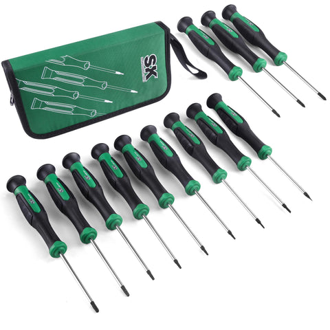 SK 12-piece mini screwdriver set stored in zipper pouch for portable projects.