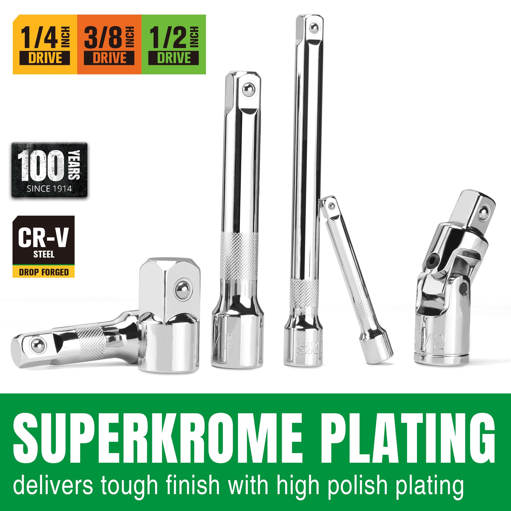 SK 20-piece socket extension set with 10-inch extension bar for deep access tasks.