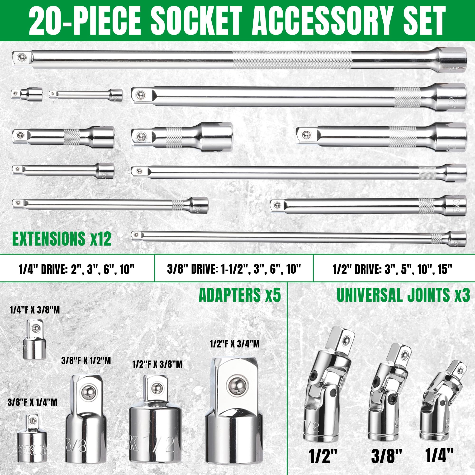 SK 20-piece socket extension set with 6-inch extension bar for extended reach in work.