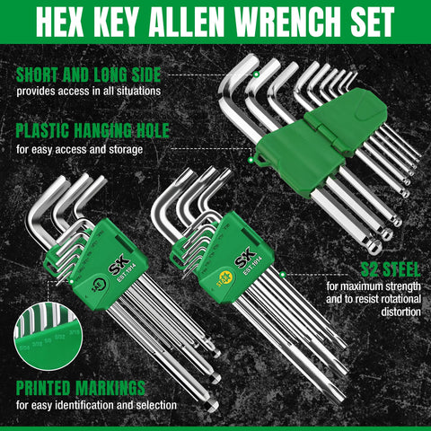 SK ball-end hex keys reach tight spaces at a 25-degree angle for versatile access.