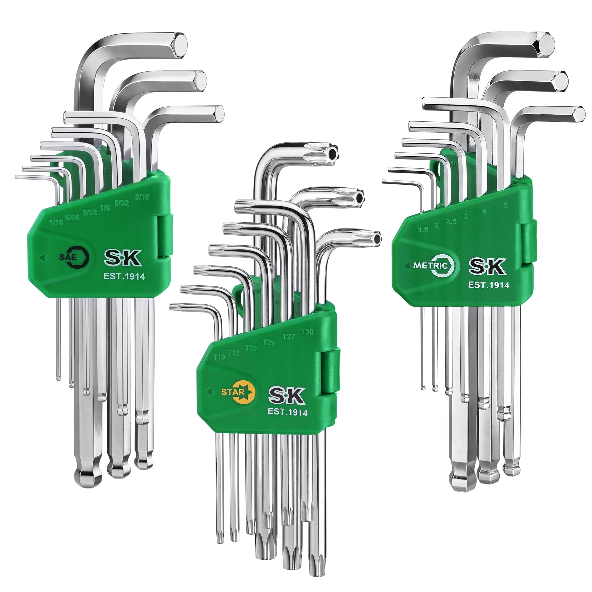 SK 27-Piece Allen Wrench Set with folding hanger for quick access and organized storage.