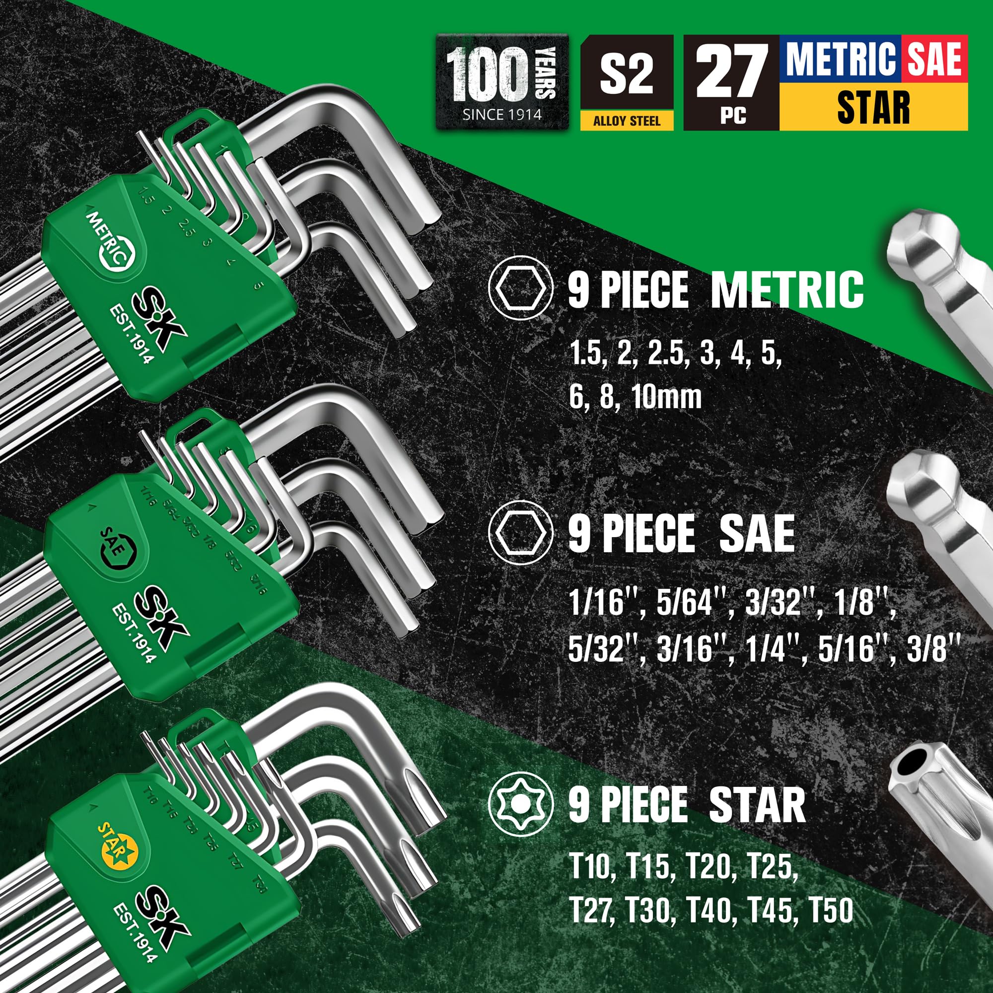 SK S2 steel hex keys are heat-treated for lasting strength and wear resistance.