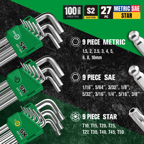 SK S2 steel hex keys are heat-treated for lasting strength and wear resistance.