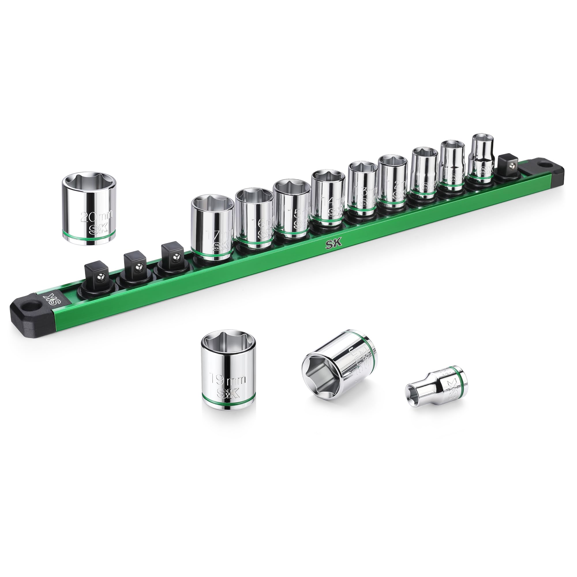SK 3-8 drive socket set with aluminum organizer keeps sockets organized and accessible.
