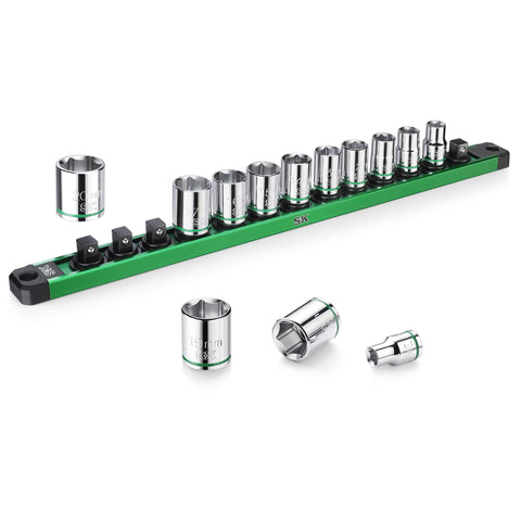 SK 3-8 drive socket set with aluminum organizer keeps sockets organized and accessible.