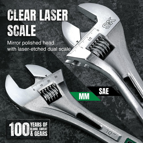 SK 3-Piece Adjustable Wrench Set, 10-inch front view, handles larger fasteners with ease.