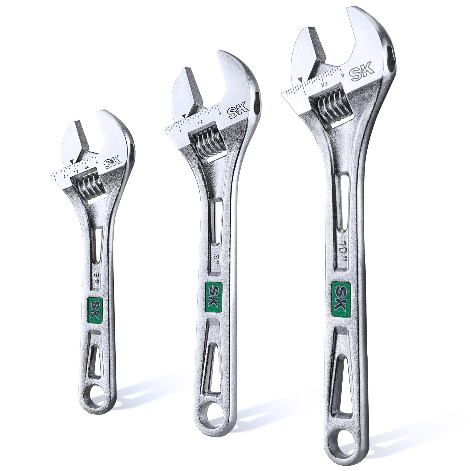 SK 3-Piece Adjustable Wrench Set, 6-inch front view, ready for fast tightening tasks.