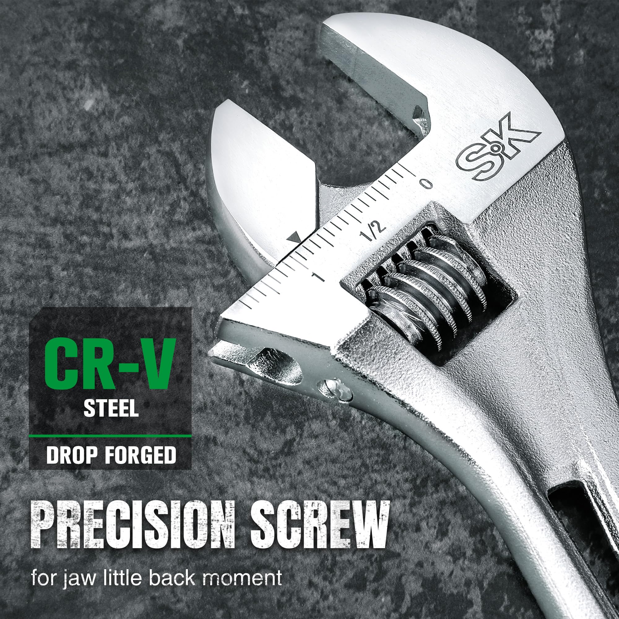 SK wrench with dual-scale laser markings, SAE and metric for precise sizing.