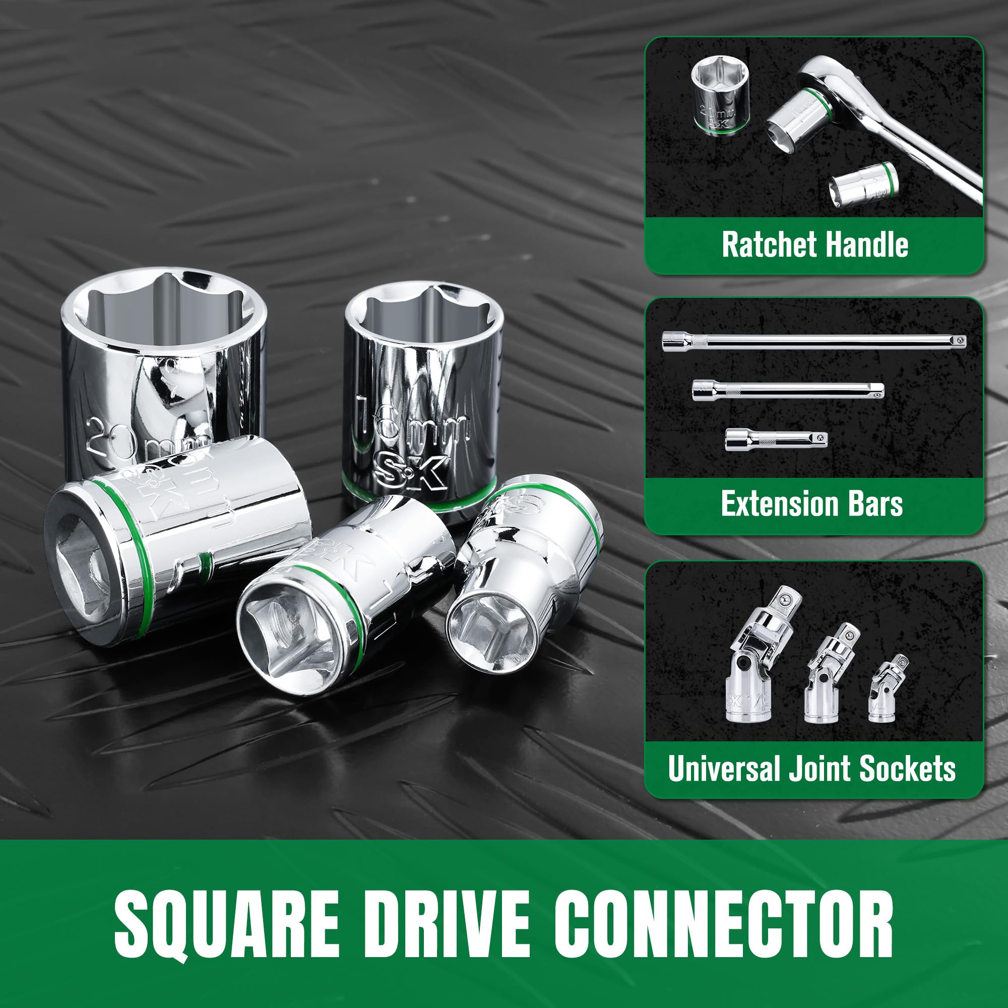 SK 360-degree rotating clips simplify socket identification and selection.