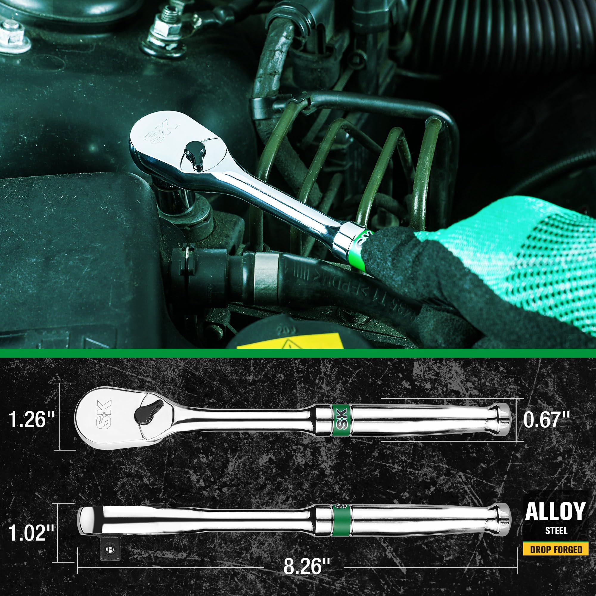 SK pear head design improves reach in confined spaces.