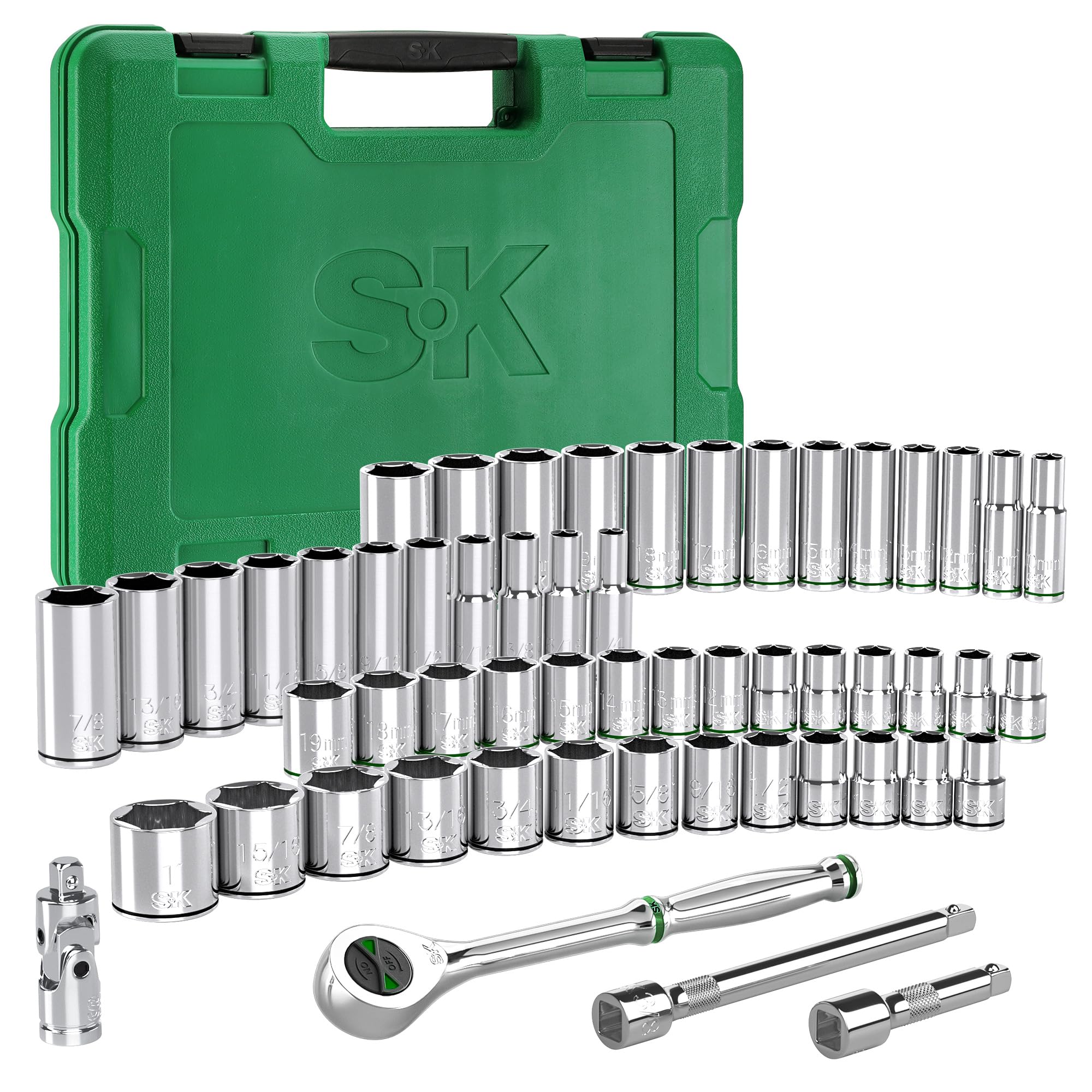SK 3/8 drive socket set with thumbwheel ratchet for tight spaces