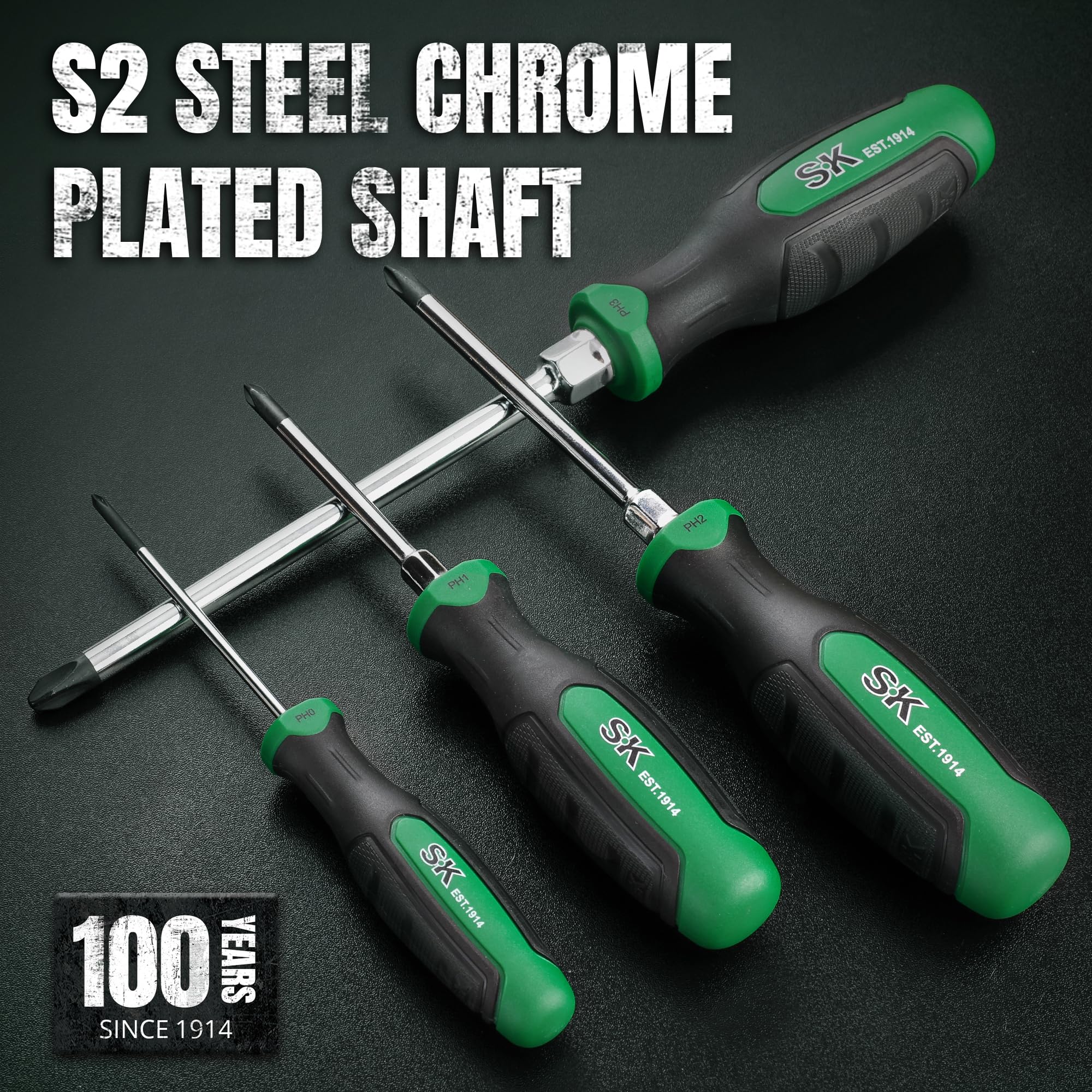 Chrome plating on SK drivers increases hardness for professional use.