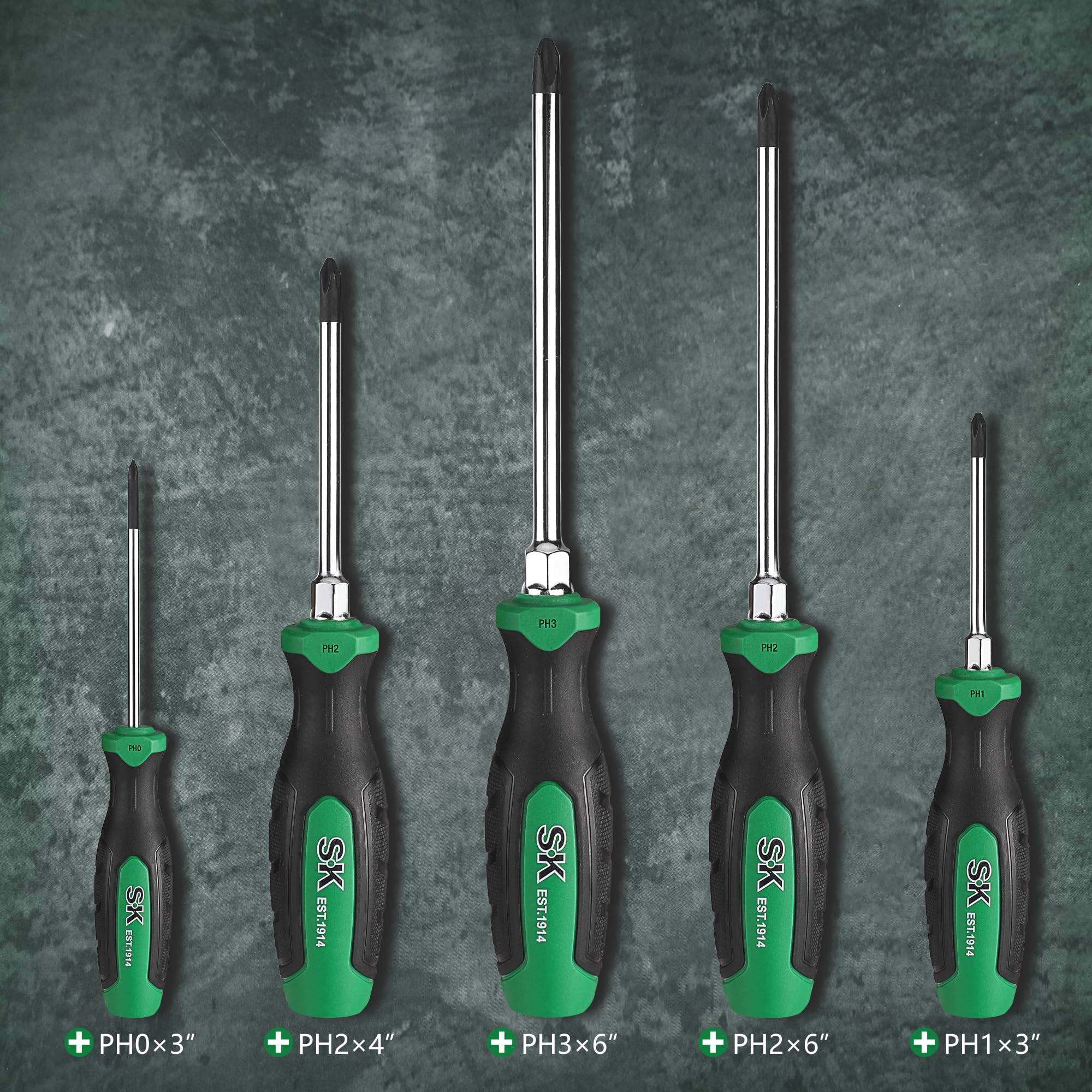Handles on SK set show clear PH size markings for quick identification.