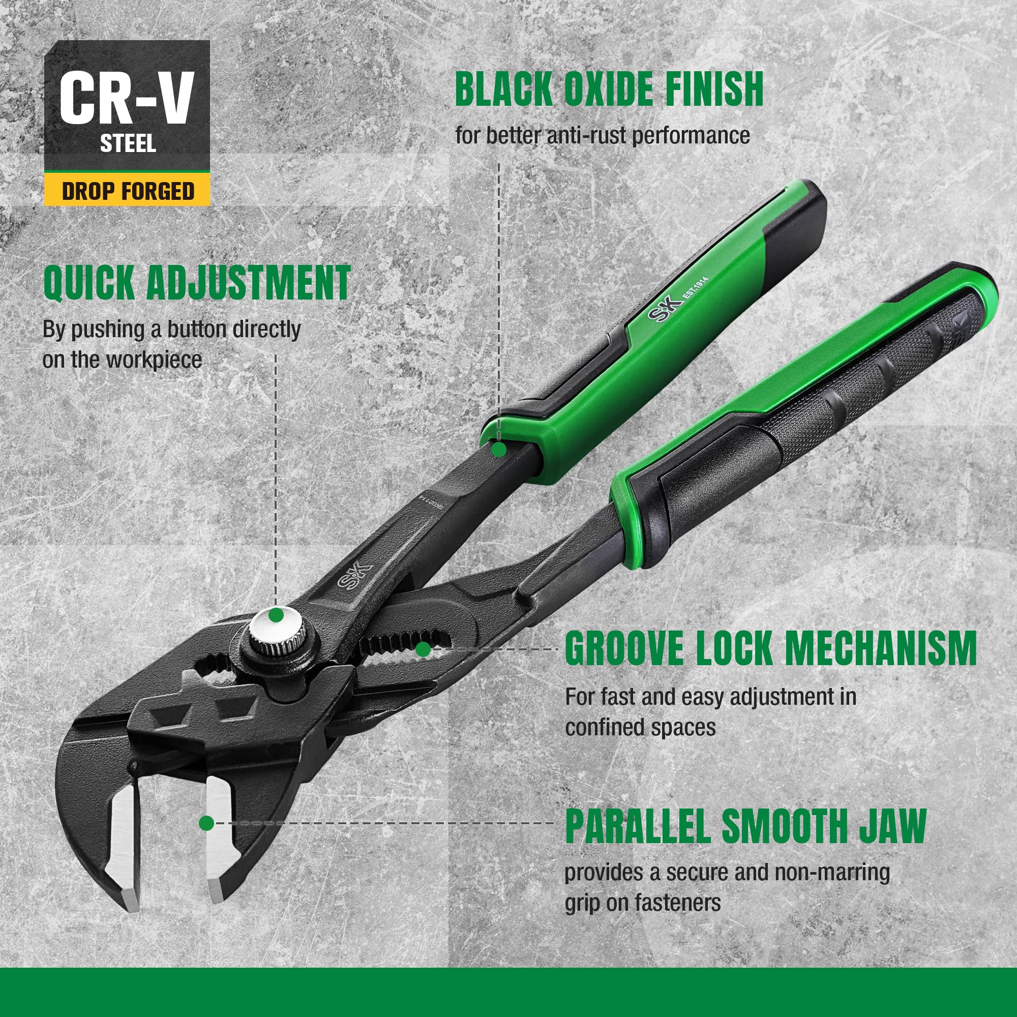 SK 5-Piece Pliers Set includes 10-inch Pliers Wrench for adjustable leverage.