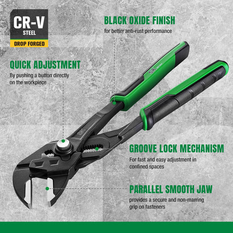 SK 5-Piece Pliers Set includes 10-inch Pliers Wrench for adjustable leverage.