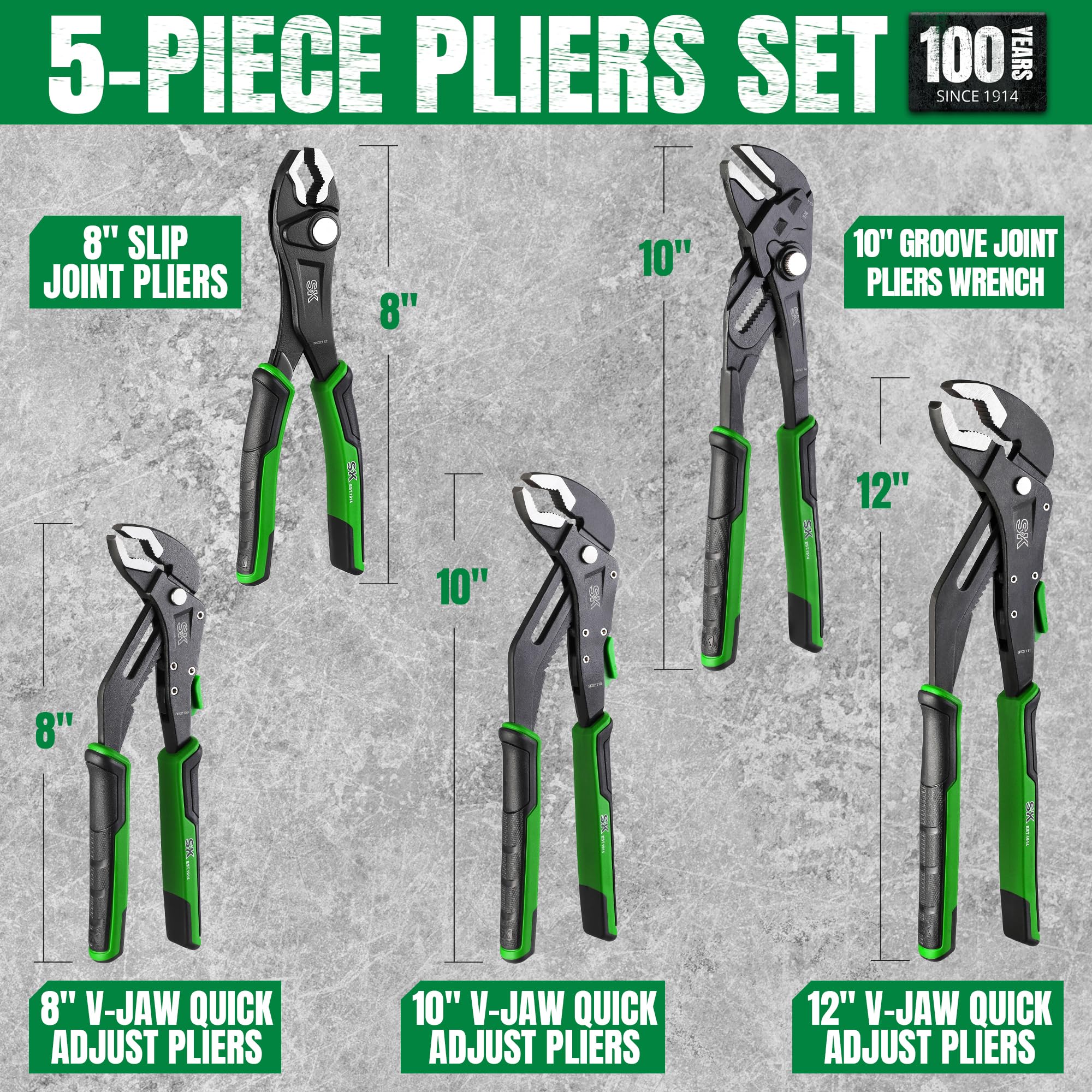SK 5-Piece Pliers Set 10-inch V-Jaw quick-adjust for larger fasteners.