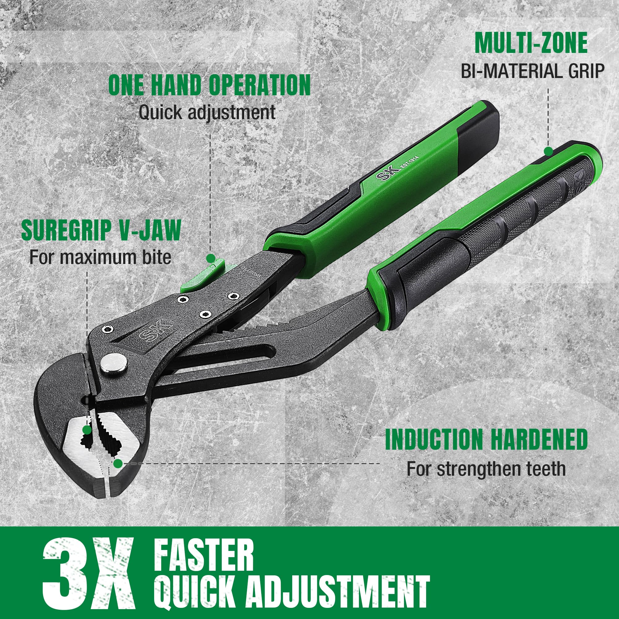 SK 5-Piece Pliers Set 12-inch V-Jaw quick-adjust for extended leverage.