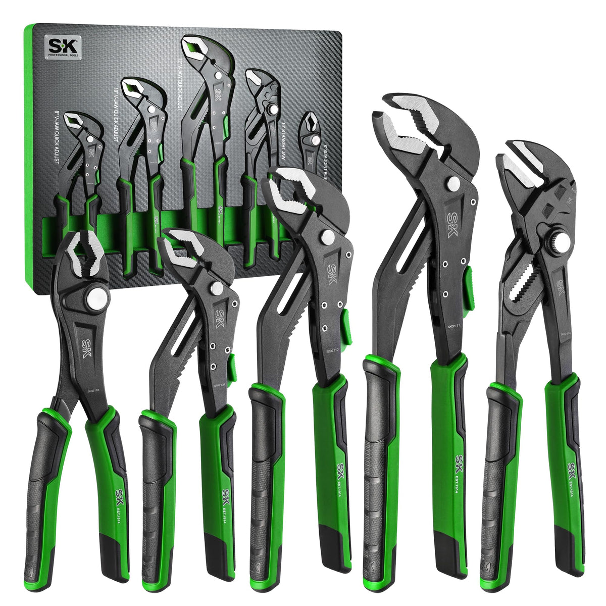 SK 5-Piece Pliers Set with 8-inch slip joint jaws for versatile gripping.