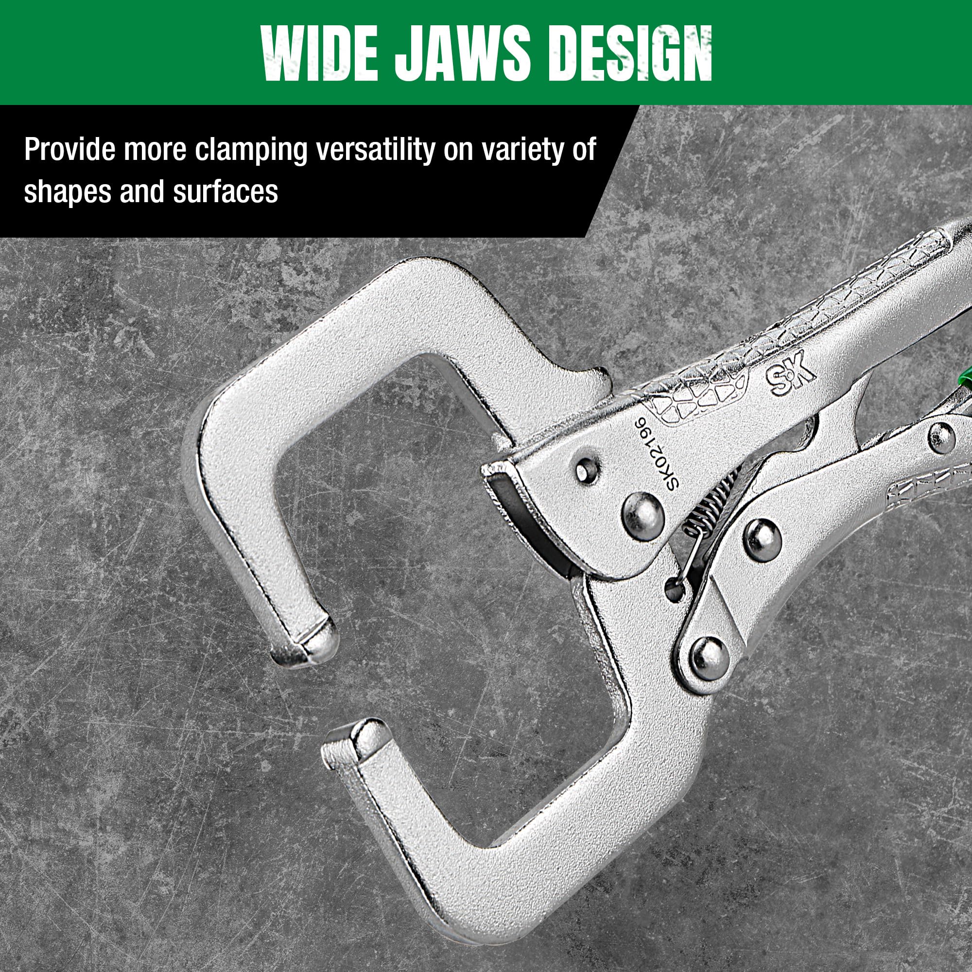 Hardened jaws provide secure grip on diverse shapes and surfaces.