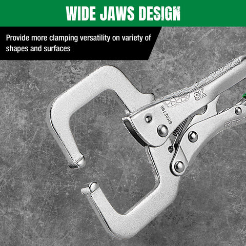 Hardened jaws provide secure grip on diverse shapes and surfaces.