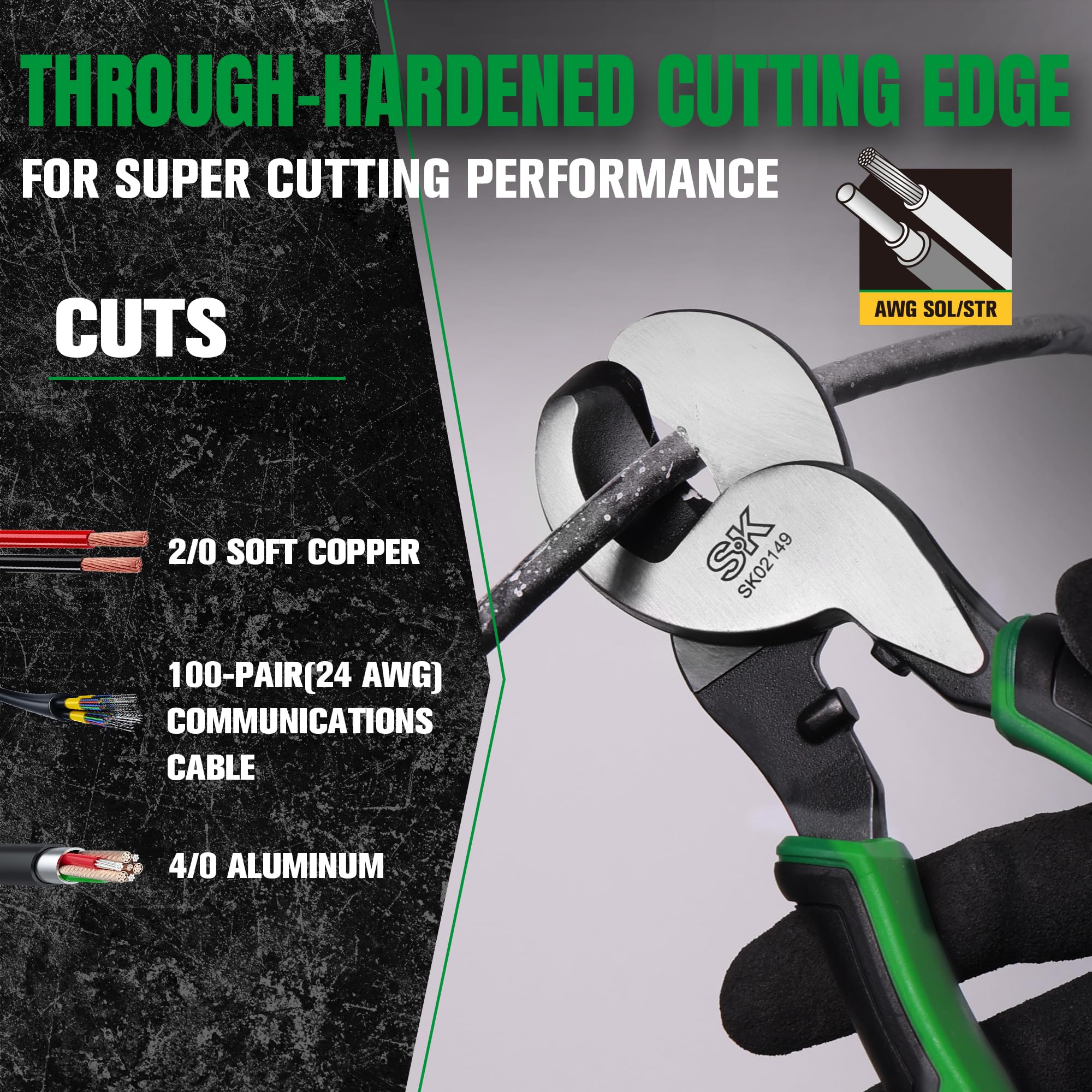 Cuts 4/0 aluminum and 2/0 soft copper with ease.