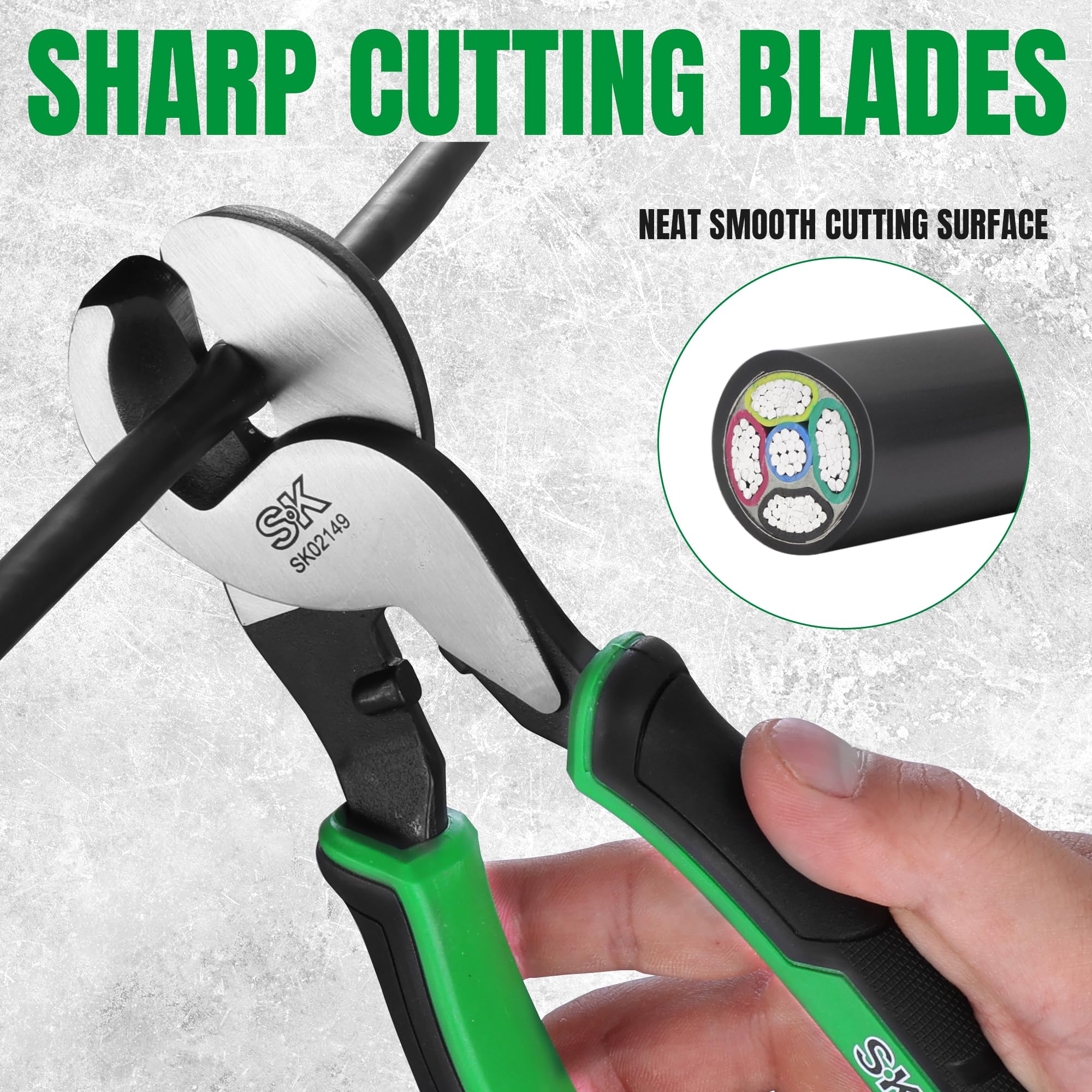 Anti-slip knurled handles provide precise control on aluminum and copper wires.