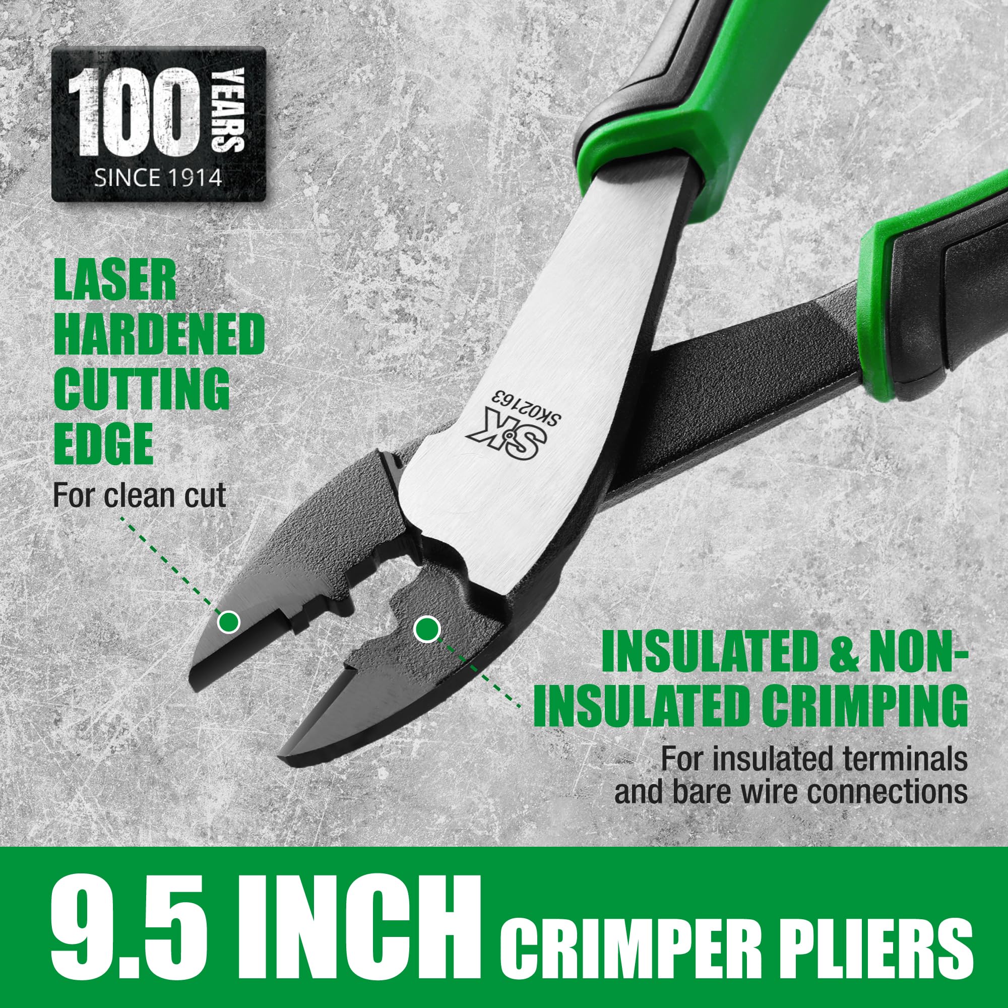 SK 9.5-inch crimping pliers—cutting edges appear laser-hardened for clean cuts.