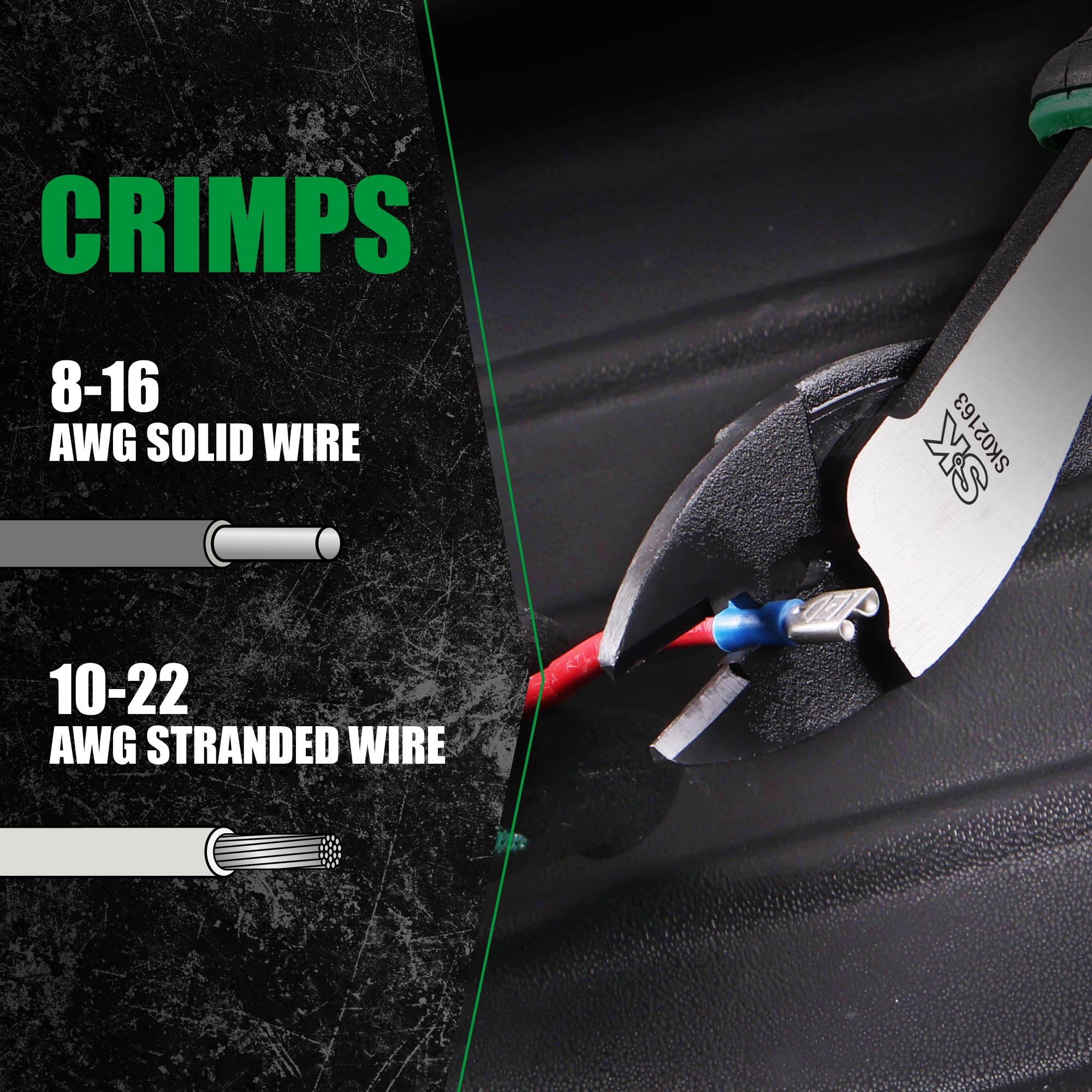 SK 9.5-inch crimping pliers—in action during wiring task with insulated terminals.