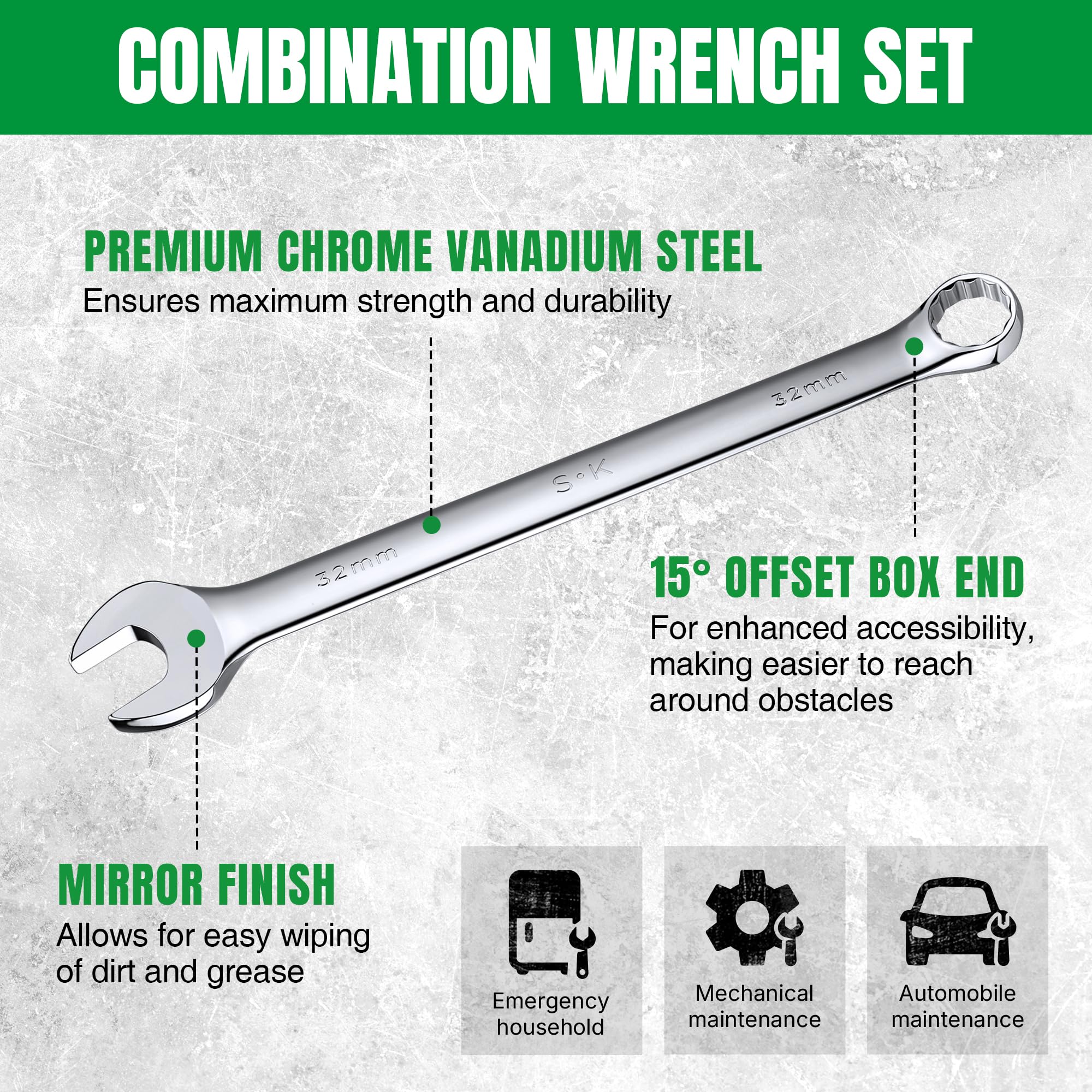 SK Wrench with 15-degree offset design for deep fastener access and reduced hand fatigue.