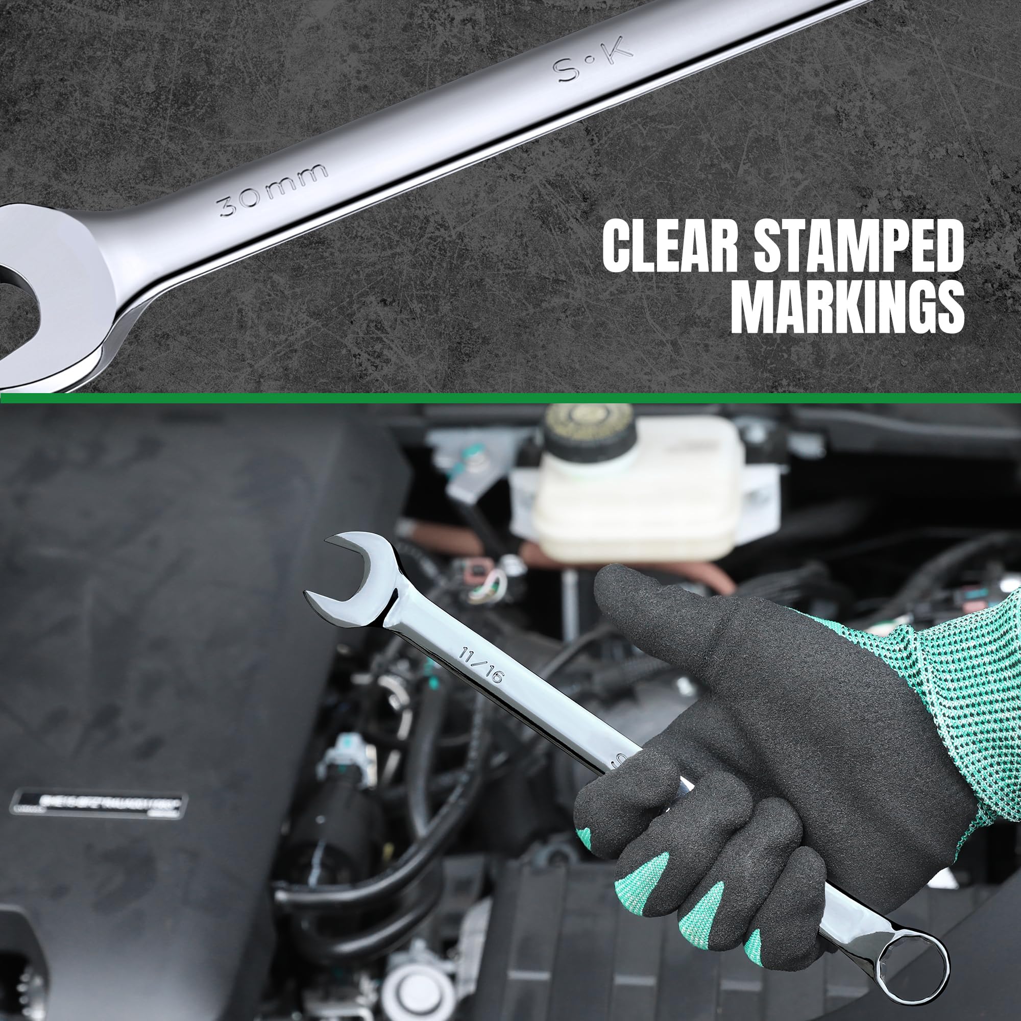 SK SuperKrome finish on wrenches for long life and corrosion resistance.