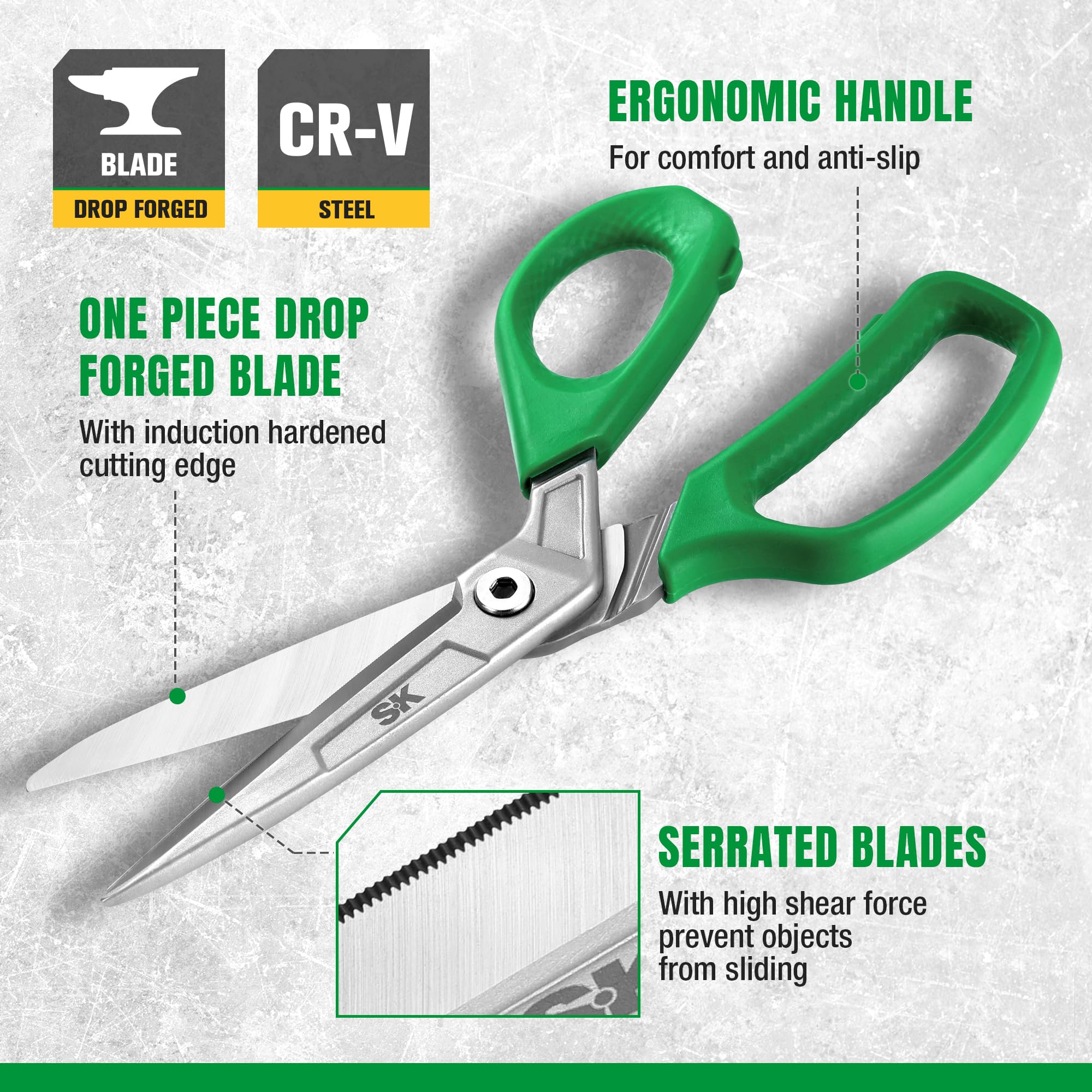 SK CR-V steel one-piece drop-forged blades shown for durability.
