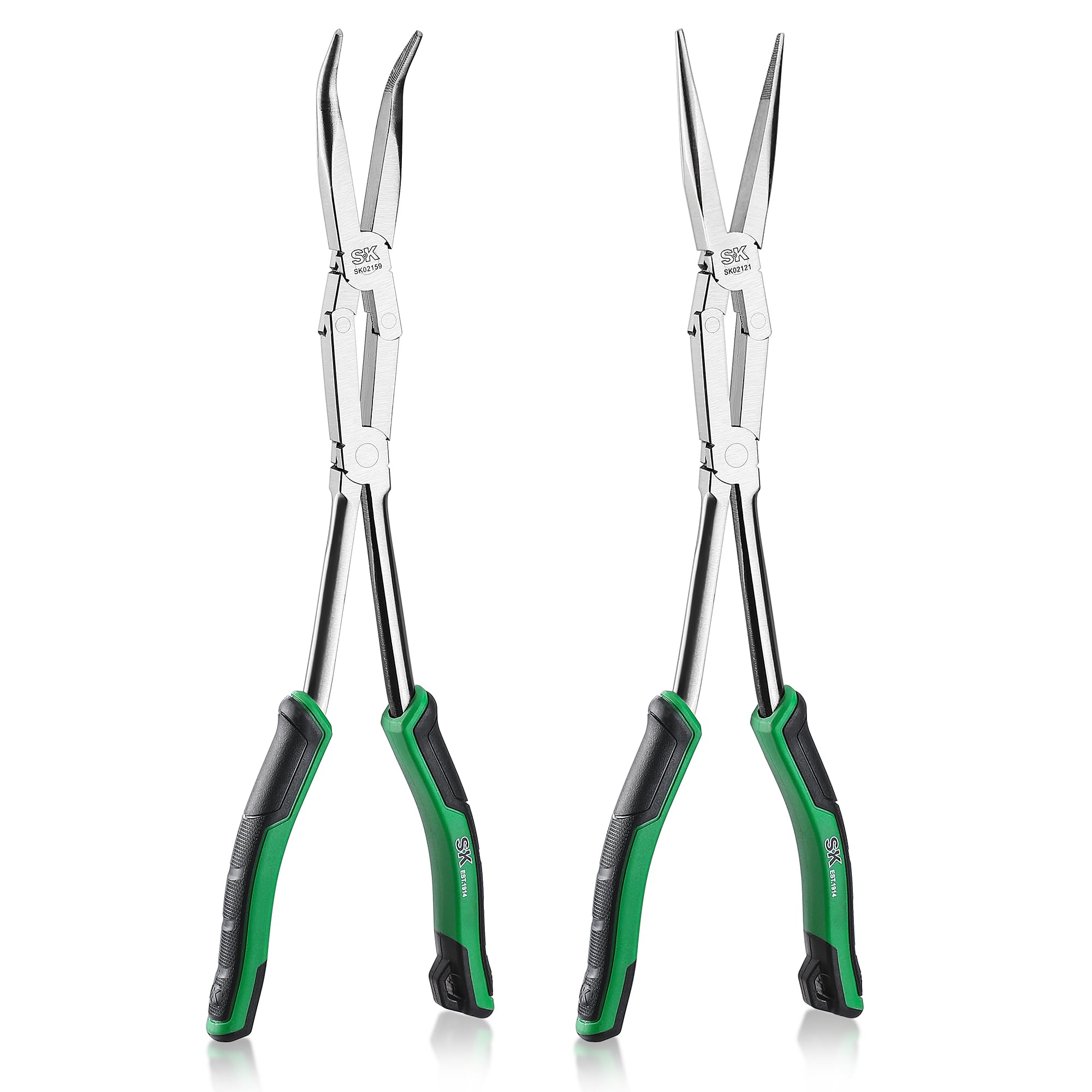SK double compound long-reach pliers with straight nose for precise gripping in tight spaces.