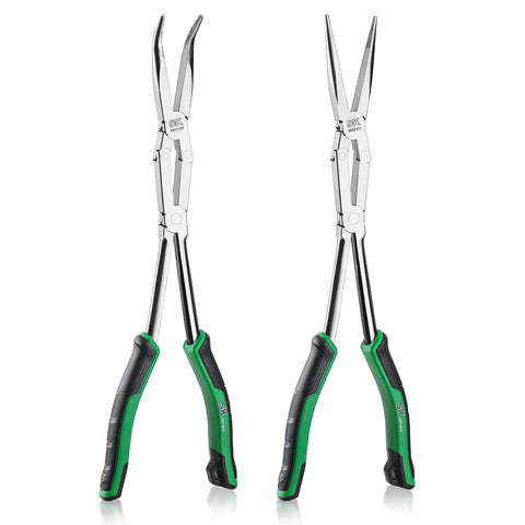SK double compound long-reach pliers with straight nose for precise gripping in tight spaces.