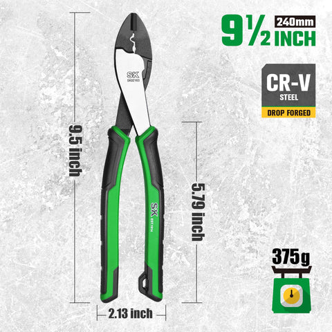 SK 9.5-inch crimping pliers—ergonomic grips improve control and precision during work.