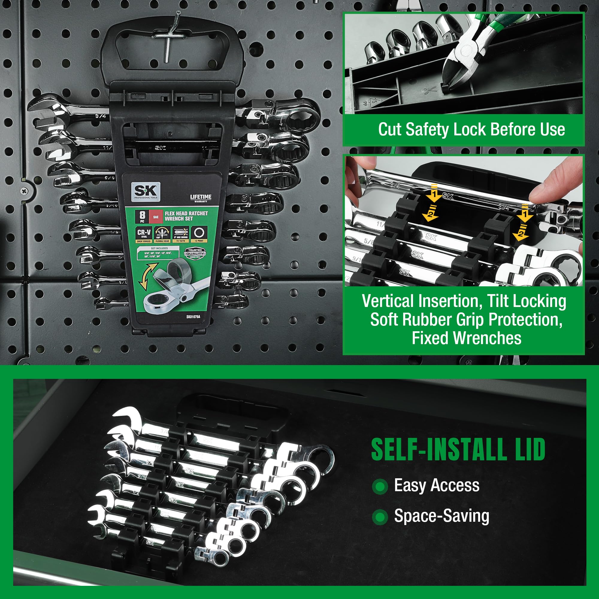SK rack storage with non-slip grips keeps wrenches organized