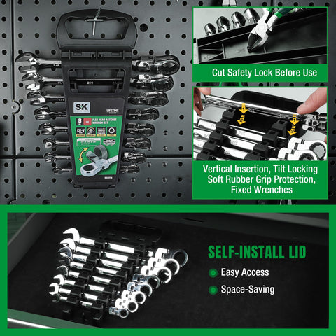 SK rack storage with non-slip grips keeps wrenches organized