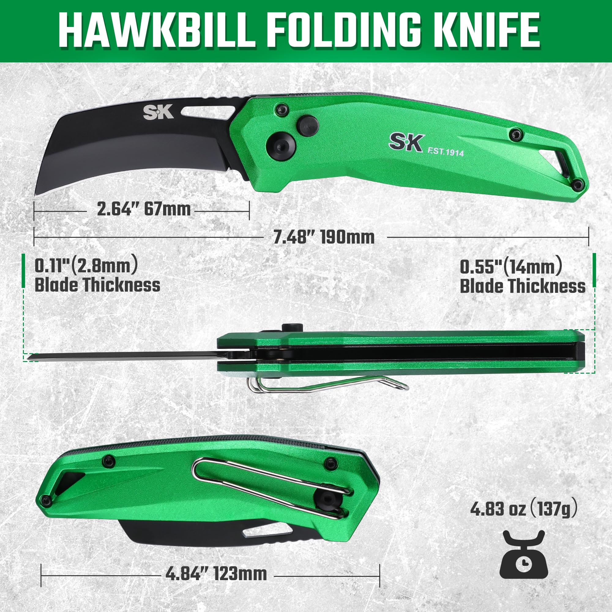 SK Hawkbill blade release ensures safe deployment and retraction.