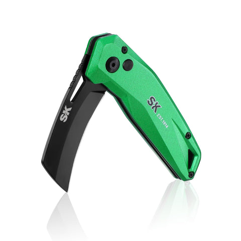 SK Hawkbill folding knife closed pose, compact carry for daily tasks.