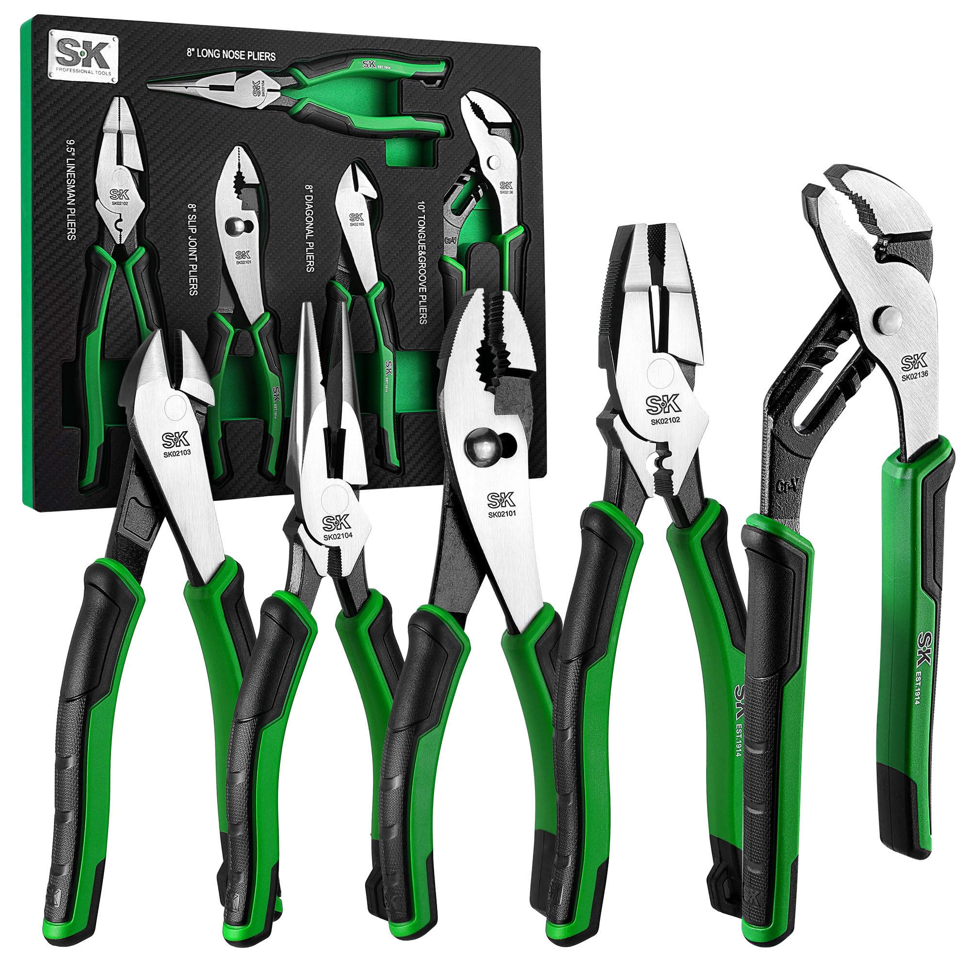 SK pliers set close-up on groove joint for versatile gripping in metalwork tasks