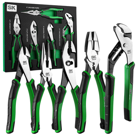 SK pliers set close-up on groove joint for versatile gripping in metalwork tasks