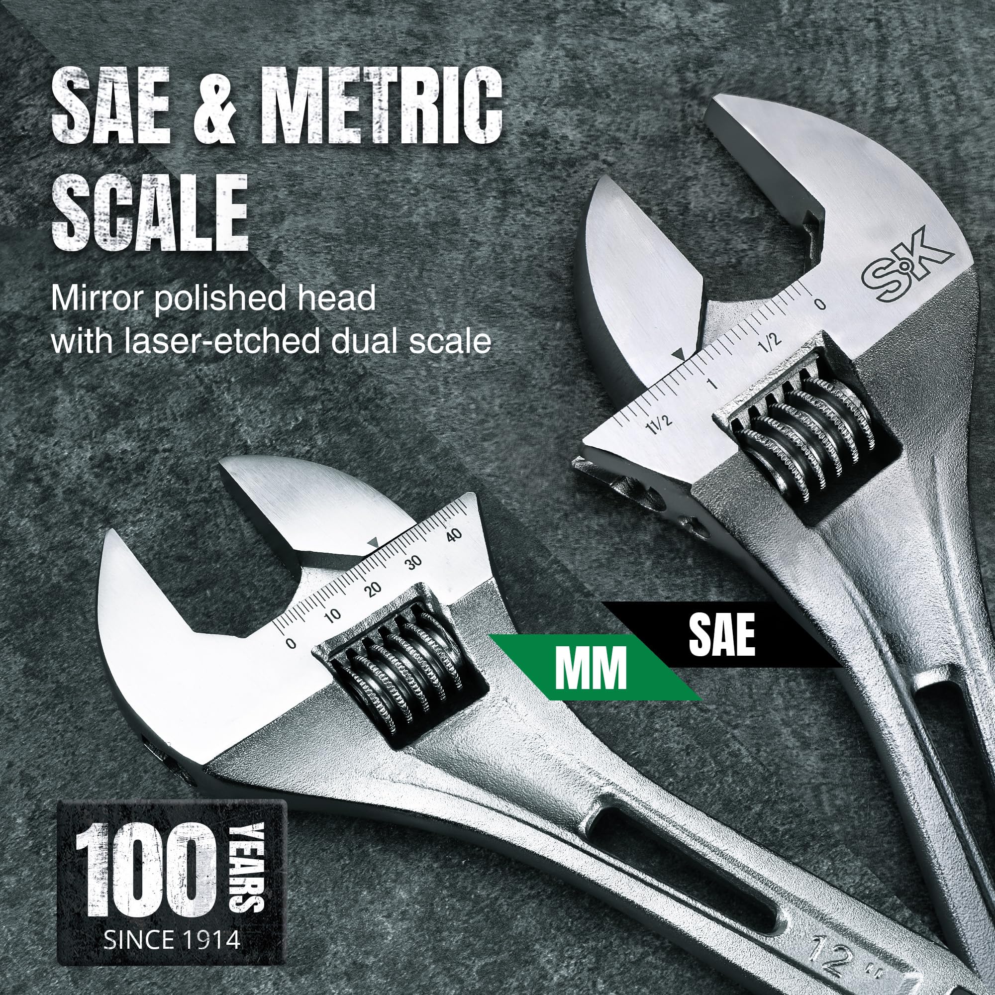 SK wrench with dual SAE and Metric scales laser marked for accurate fits.