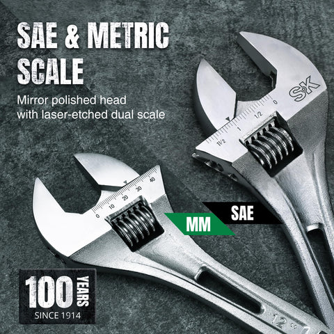 SK wrench with dual SAE and Metric scales laser marked for accurate fits.