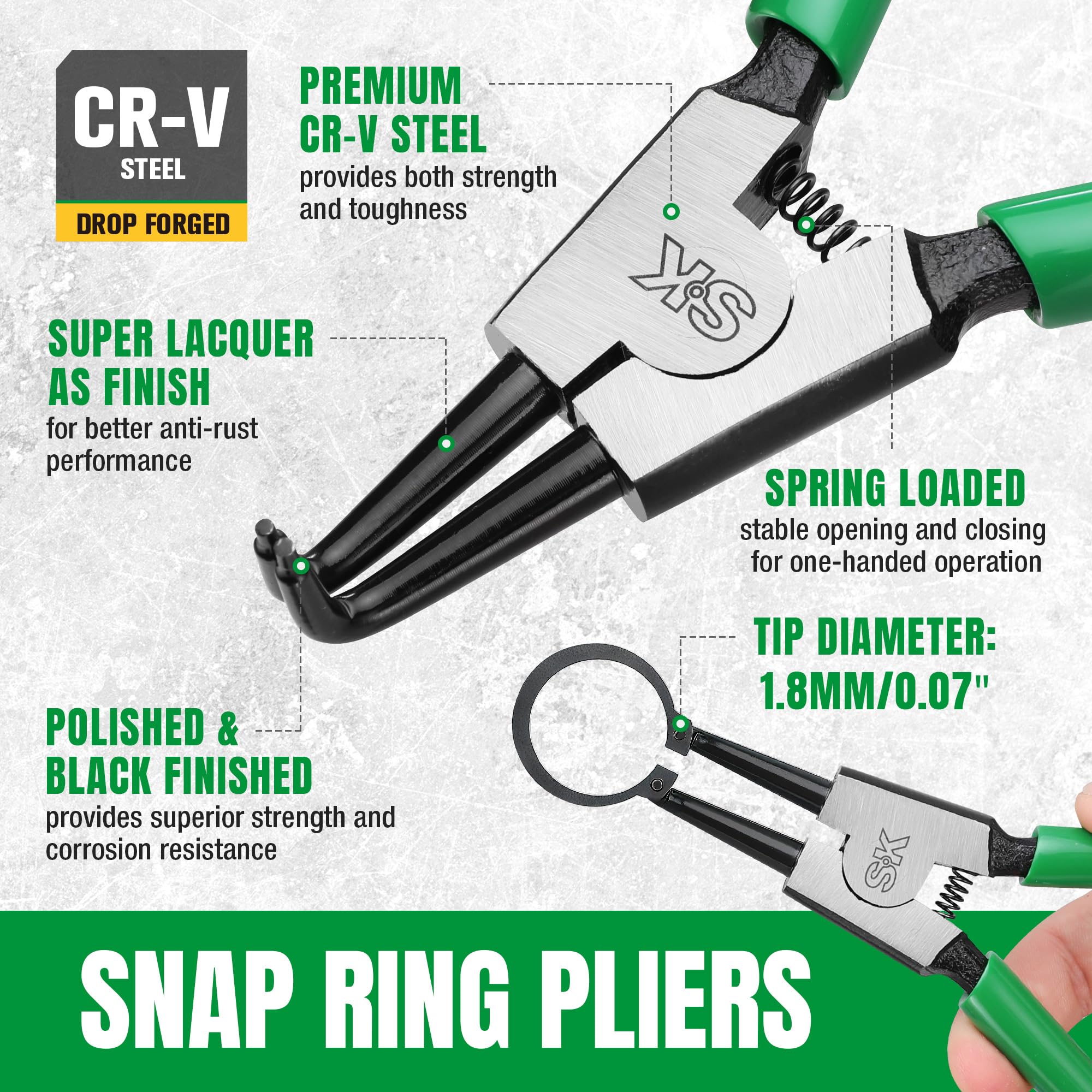SK Snap Ring Pliers set with 90-degree external jaws access tight spaces.