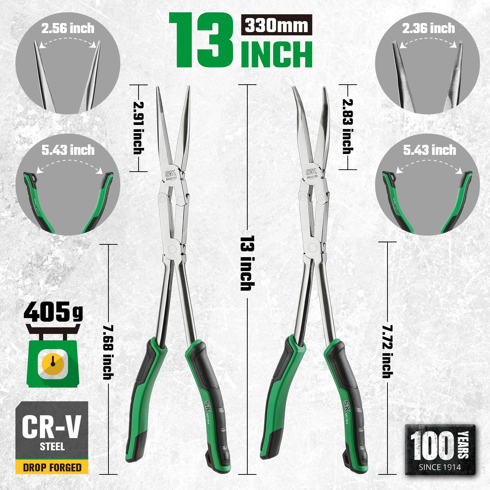 SK long-reach pliers highlight friction-enhancing thin tips for small parts.