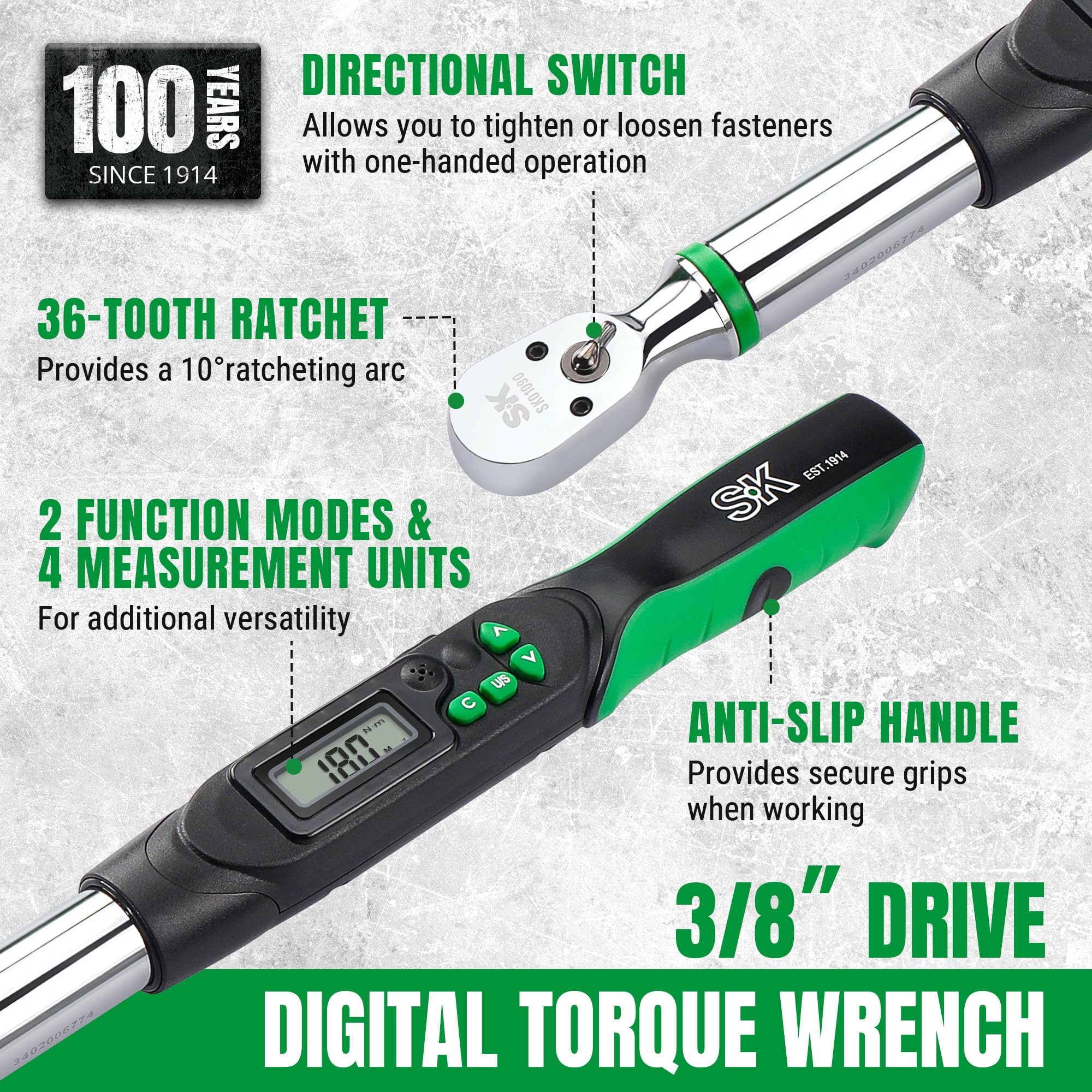 SK torque wrench green indicator confirms 90 percent torque.