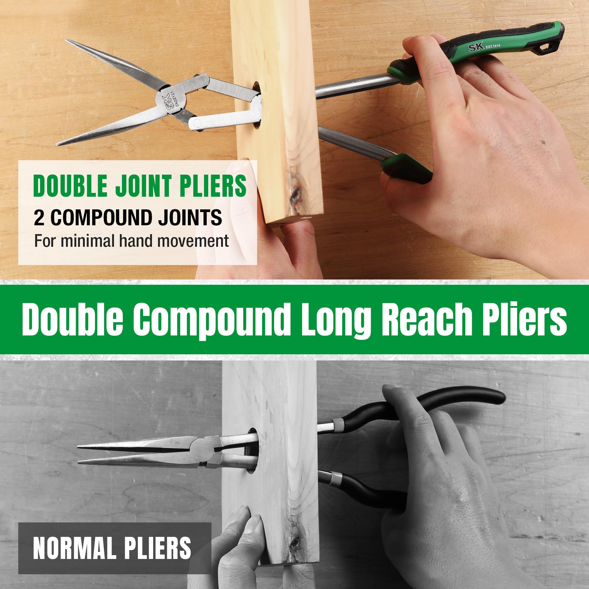 SK 7.68-inch pliers offer high leverage with ergonomic TRP handles.
